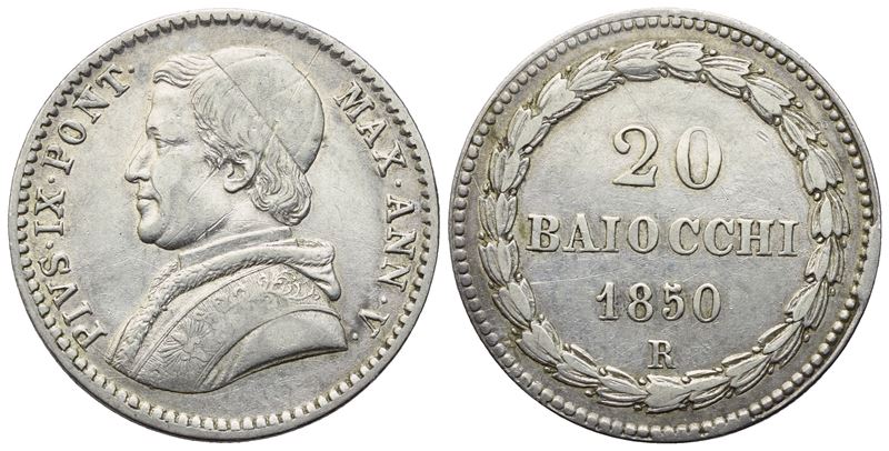 Pio IX, 20 Baiocchi (Anno V), 1850, Roma, Stato Pontificio