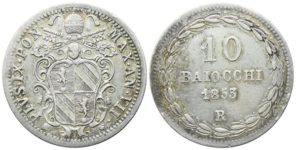 STATO PONTIFICIO. Roma. Pio IX (1846-1870). 10 Baiocchi 1853 – Anno VII; Ag (2,67 g; 20 mm)
