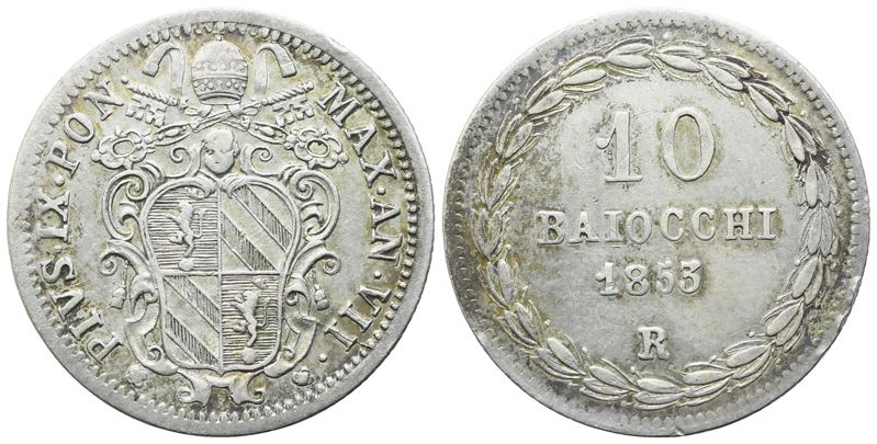 Pio IX (1846-1870), 10 Baiocchi, 1853 (Anno VII), Stato Pontificio