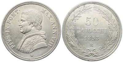 Pio IX (Pio IX Pont. Max), 50 Baiocchi, 1853 (Anno VIII), Stato Pontificio