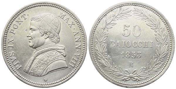 STATO PONTIFICIO. Roma. Pio IX (1846-1870). 50 Baiocchi 1853 – Anno VIII; Ag (13,48 g; 31 mm)