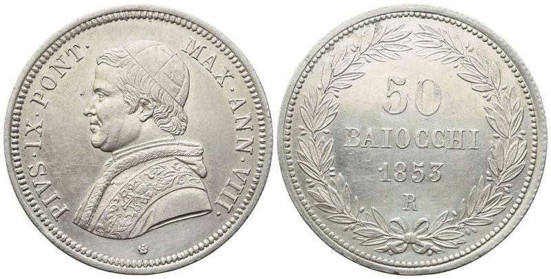 Pio IX (Pio IX Pont. Max), 50 Baiocchi, 1853 (Anno VIII), Stato Pontificio