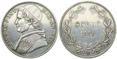 Pio IX, Scudo pontificio 1853 (Anno VIII), busto a sinistra, Ag 27,68 g