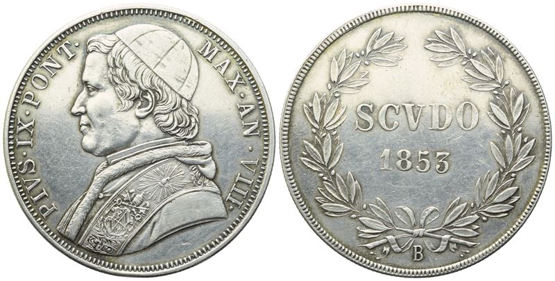 Pio IX, Scudo pontificio 1853 (Anno VIII), busto a sinistra, Ag 27,68 g