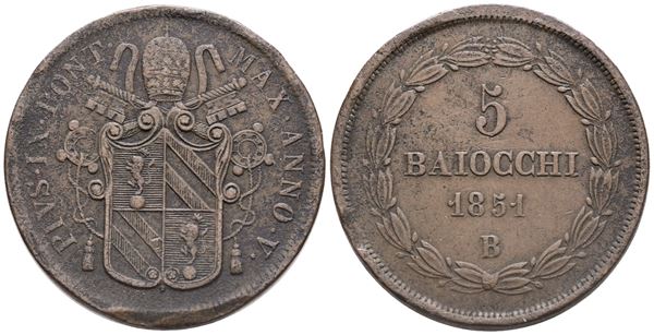 STATO PONTIFICIO. BOLOGNA. Pio IX (1846-1870). 5 baiocchi 1851 – Anno V. Cu. Gig.175. Raro. BB