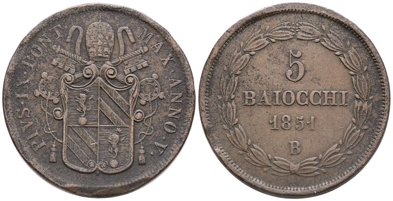 Stato Pontificio. Bologna. Pio IX (1846-1870). 5 Baiocchi 1851 – Anno V. Cu. Gig.175. Raro. Bb