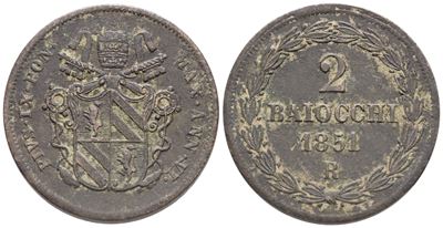 Stato Pontificio. Roma. Pio IX (1846-1870). 2 Baiocchi 1851 – Anno Vi; Cu (19 G; 34 MM). Bb
