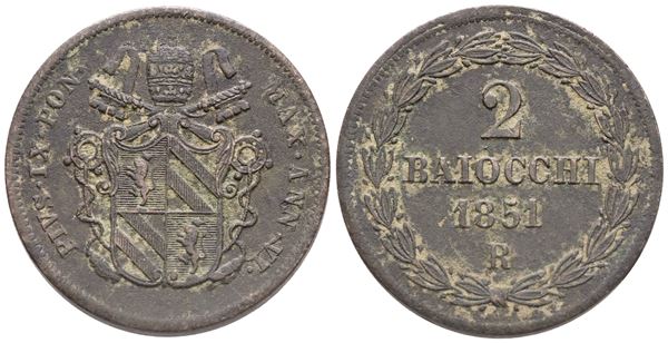 PAPAL STATES. Roma. Pius IX (1846-1870), 2 Baiocchi 1851 – Anno VI; Æ (19 g; 34 mm)