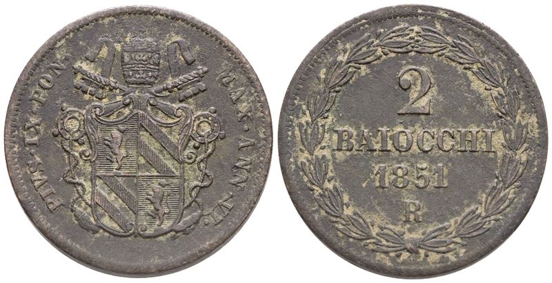 Stato Pontificio. Roma. Pio IX (1846-1870). 2 Baiocchi 1851 – Anno Vi; Cu (19 G; 34 MM). Bb