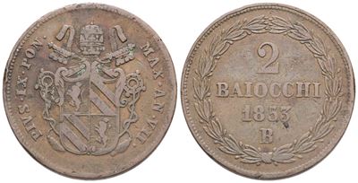 Stato Pontificio. Bologna. Pio IX (1846-1870). 2 Baiocchi 1853 – Anno VII; Æ (20,54 G; 33,6 MM).q...