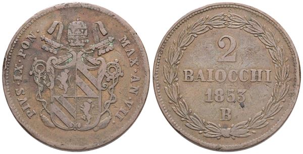 PAPAL STATES. Bologna. Pius IX (1846-1870), 2 Baiocchi 1853; Æ (20,54 g; 33,6 mm).qBB