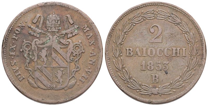 Stato Pontificio. Bologna. Pio IX (1846-1870). 2 Baiocchi 1853 – Anno VII; Æ (20,54 G; 33,6 MM).q...