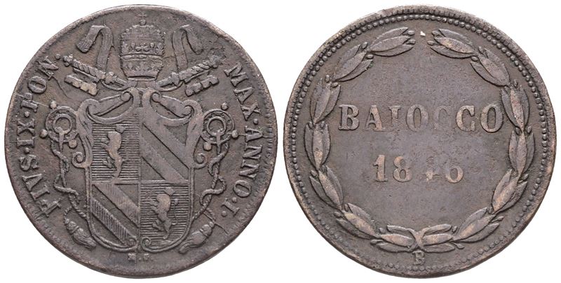 Stato Pontificio. Bologna. Pio IX (1846-1870), Baiocco 1846 – Anno I; Æ (9,53 G; 30 MM)