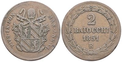 Stato Pontificio. Roma. Pio IX (1846-1870), 2 Baiocchi 1851 – Anno Vi; Æ (19,13 G; 34,2 MM). Bb+