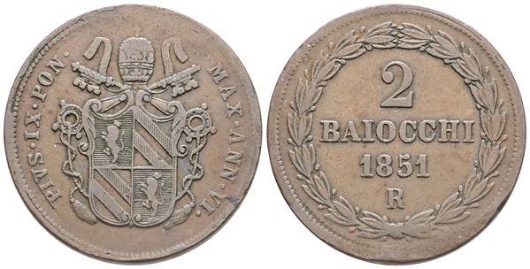 PAPAL STATES. ROMA. Pius IX (1846-1870), 2 Baiocchi 1851 – Anno VI; Æ (19,13 g; 34,2 mm). BB+