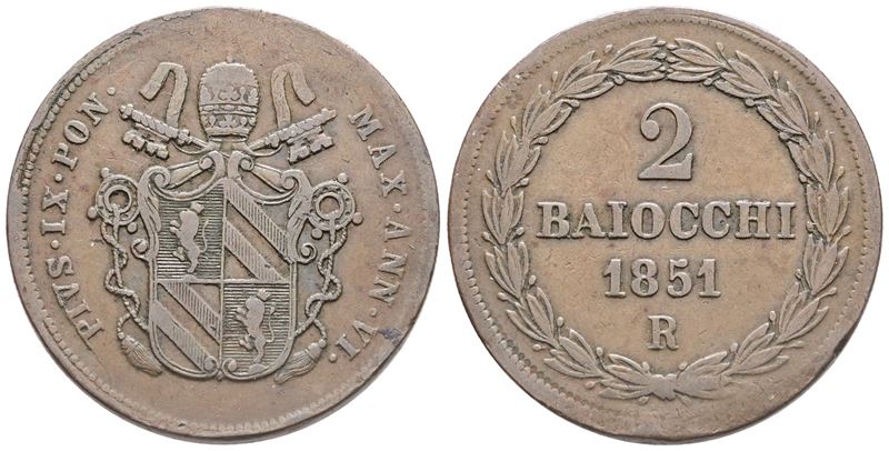 Stato Pontificio. Roma. Pio IX (1846-1870), 2 Baiocchi 1851 – Anno Vi; Æ (19,13 G; 34,2 MM). Bb+