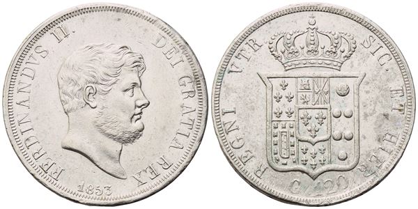 NAPOLI. Regno delle Due Sicilie. Ferdinando II di Borbone (1830-1859). Piastra 1853; Ag (27,50 g; 36,8 mm)
