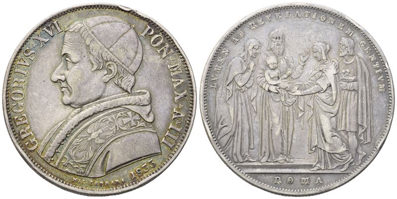 Gregrorio XVI, Scudo 1833 (Anno III) – Roma, Ag (26,32 g; 37 mm)