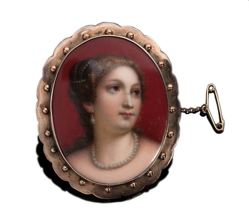 Spilla vittoriana inglese con miniatura in porcellana dipinta a mano