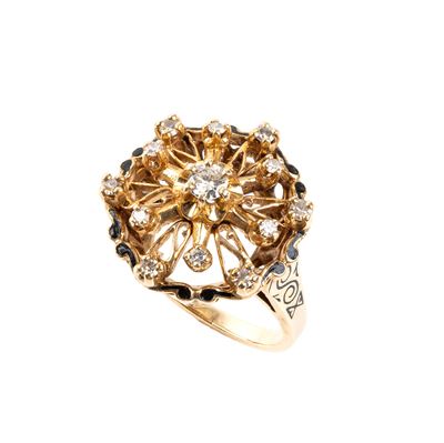 Anello vintage, oro con diamante centrale taglio brillante e brillanti perimetrali