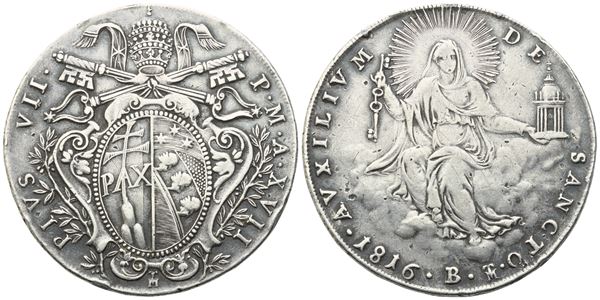 STATO PONTIFICIO. BOLOGNA. Pio VII (1800-1823), Scudo 1816. Ag (26,20 g; 40 mm) EX MOUNT. qBB