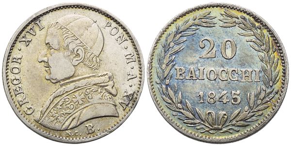 STATO PONTIFICIO. Bologna. Gregorio XVI (1831-1846). 20 Baiocchi 1845 – Anno XV; Ag (5,30 g; 22,2 mm)