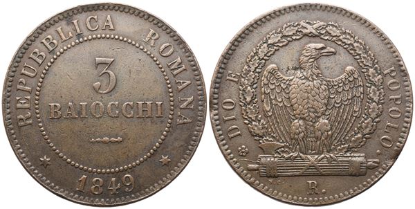 ROMA. Seconda Repubblica Romana (1848-1849). 3 Baiocchi 1849; Æ (24,90 g; 37 mm)