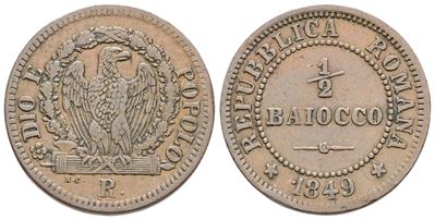 Repubblica Romana. Roma. (1848-1849), Mezzo Baiocco, 1849; Cu (5 G; 23 MM). Bb+