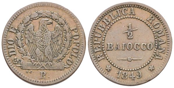 REPUBBLICA ROMANA. ROMA. (1848-1849), Mezzo Baiocco, 1849; Cu (5 g; 23 mm). BB+