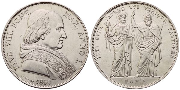 STATO PONTIFICIO. Roma. Pio VIII (1829-1830). Scudo 1830 – Anno I; Ag (26,49 g; 37,2 mm; 12 h)
