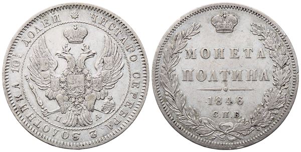 RUSSIA. SAN PIETROBURGO. Nicola I (1825-1855), Poltina – 1/2 Rublo 1846; Ag (10,17 g; 28 mm; 12 h). BB+