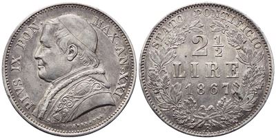 Pio IX, Stato Pontificio — 2,5 Lire 1867 (Anno XXI), argento