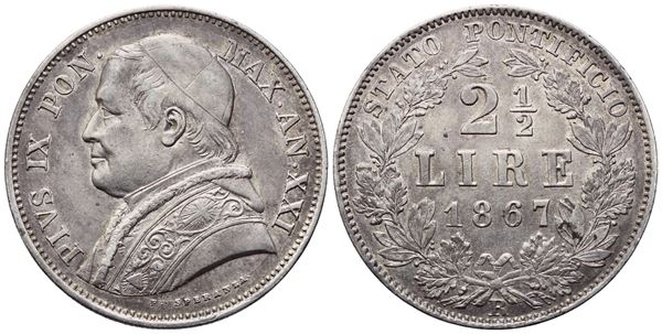 STATO PONTIFICIO. Roma. Pio IX (1846-1870). 2 Lire e mezzo 1867 – Anno XXI; Ag (12,53 g; 30 mm)