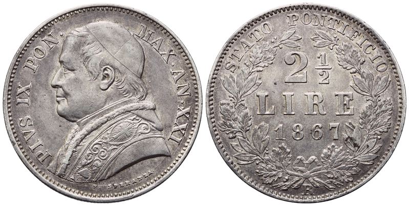 Pio IX, Stato Pontificio — 2,5 Lire 1867 (Anno XXI), argento