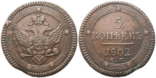 RUSSIA. Alessandro I (1801-1825). 5 Kopechi 1802; Cu (53,45 g; 42,5 mm)