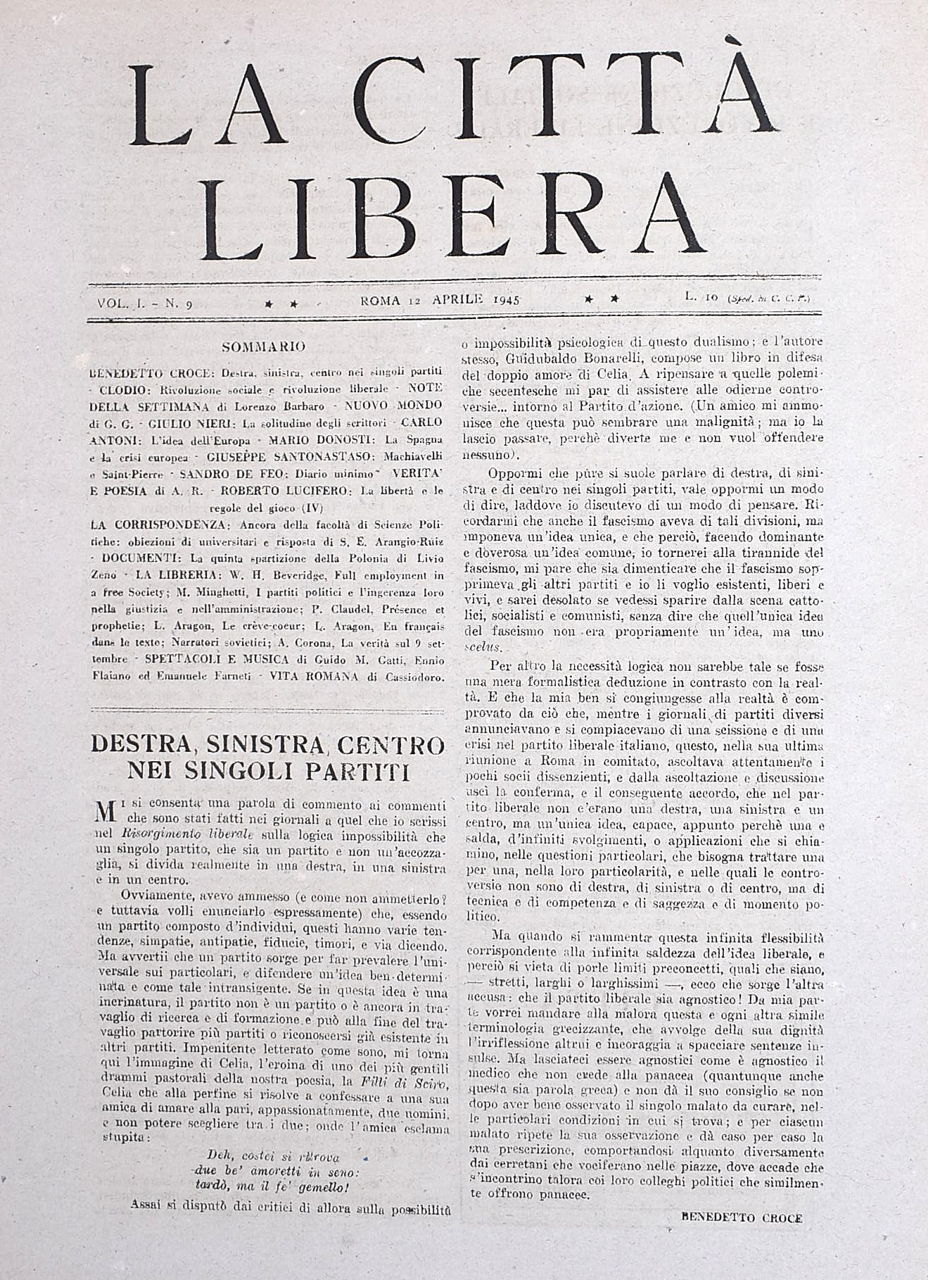 W. W. II, La Città Libera, numeri 1-46 con supplemento (1945) - Autori vari tra cui Croce, Einaud...