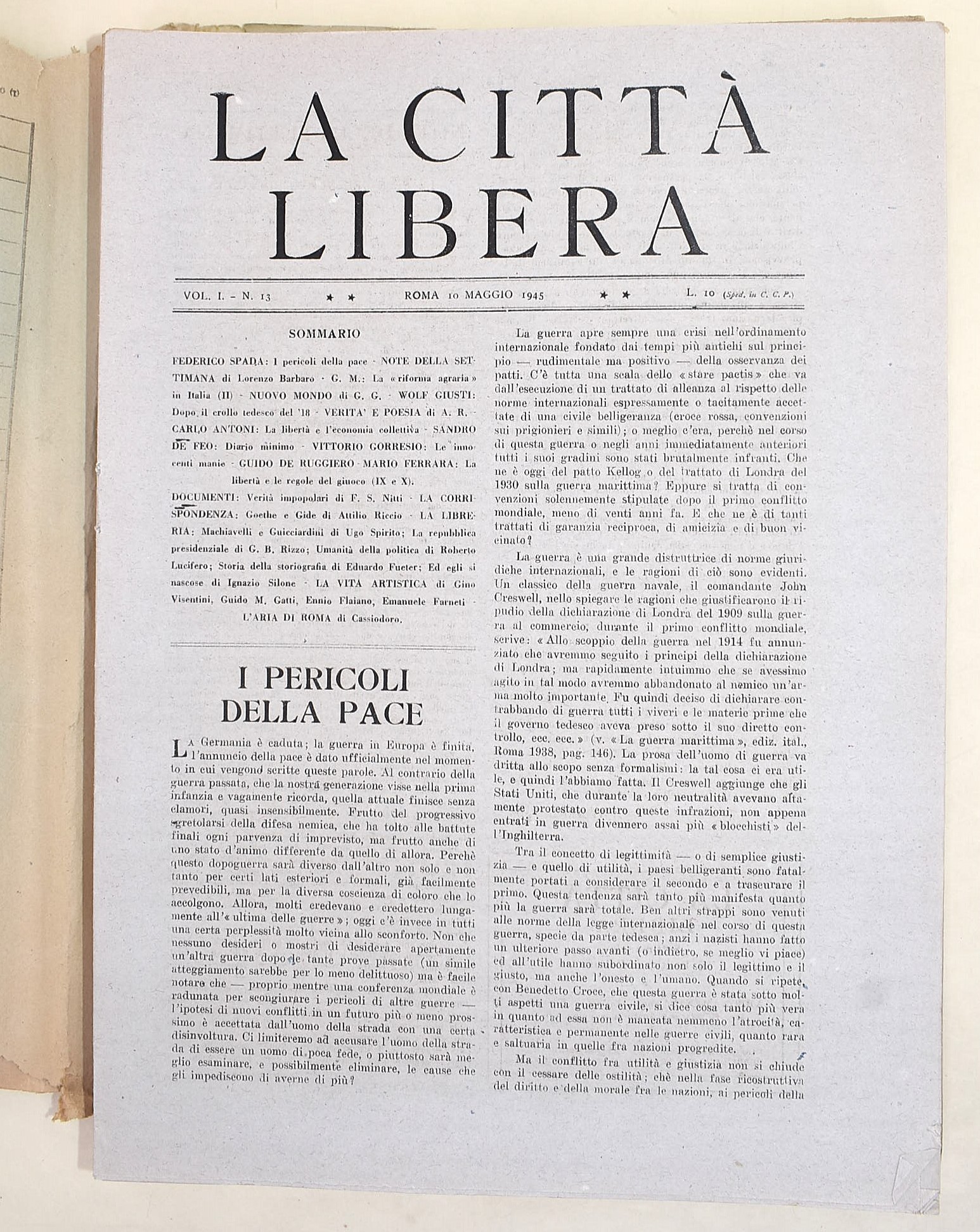 W. W. II, La Città Libera, numeri 1-46 con supplemento (1945) - Autori vari tra cui Croce, Einaud...