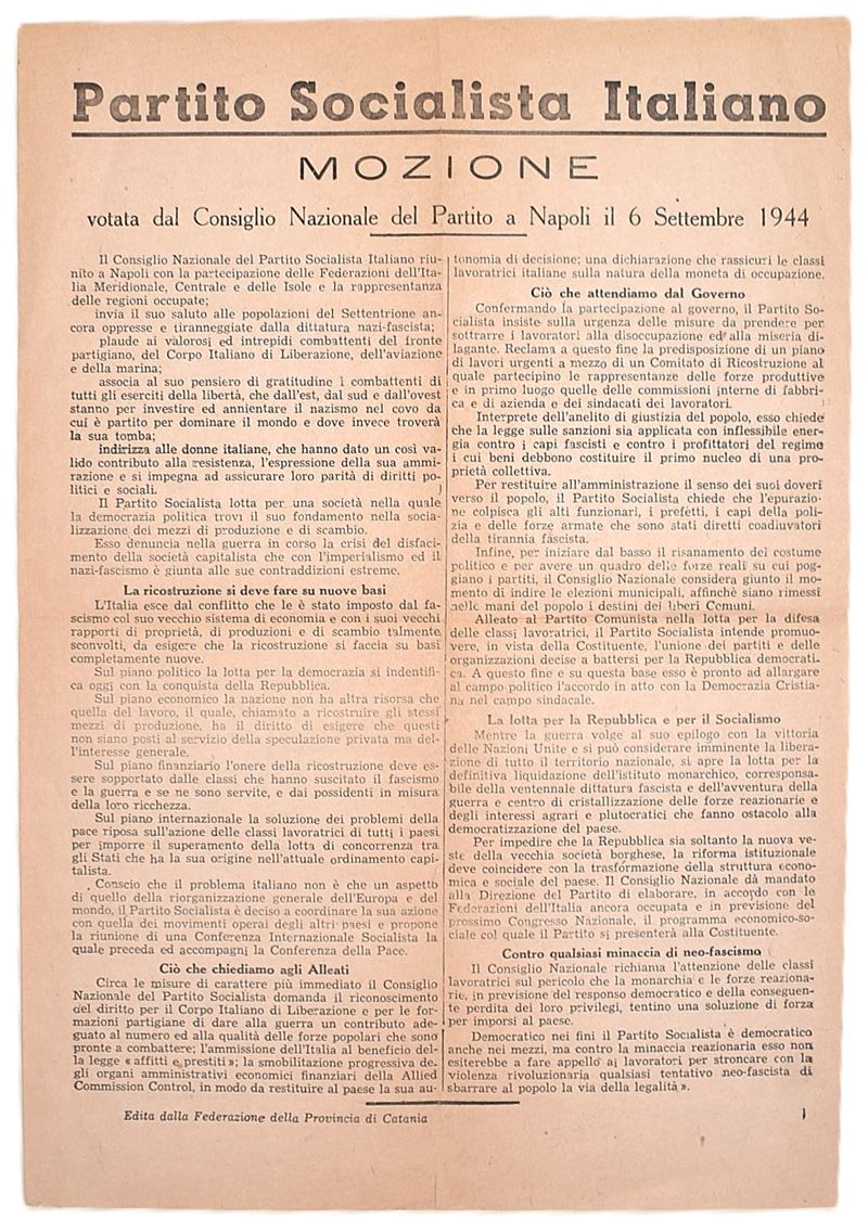 Partito Socialista Italiano, Mozione del Consiglio Nazionale (Napoli, 6 settembre 1944)