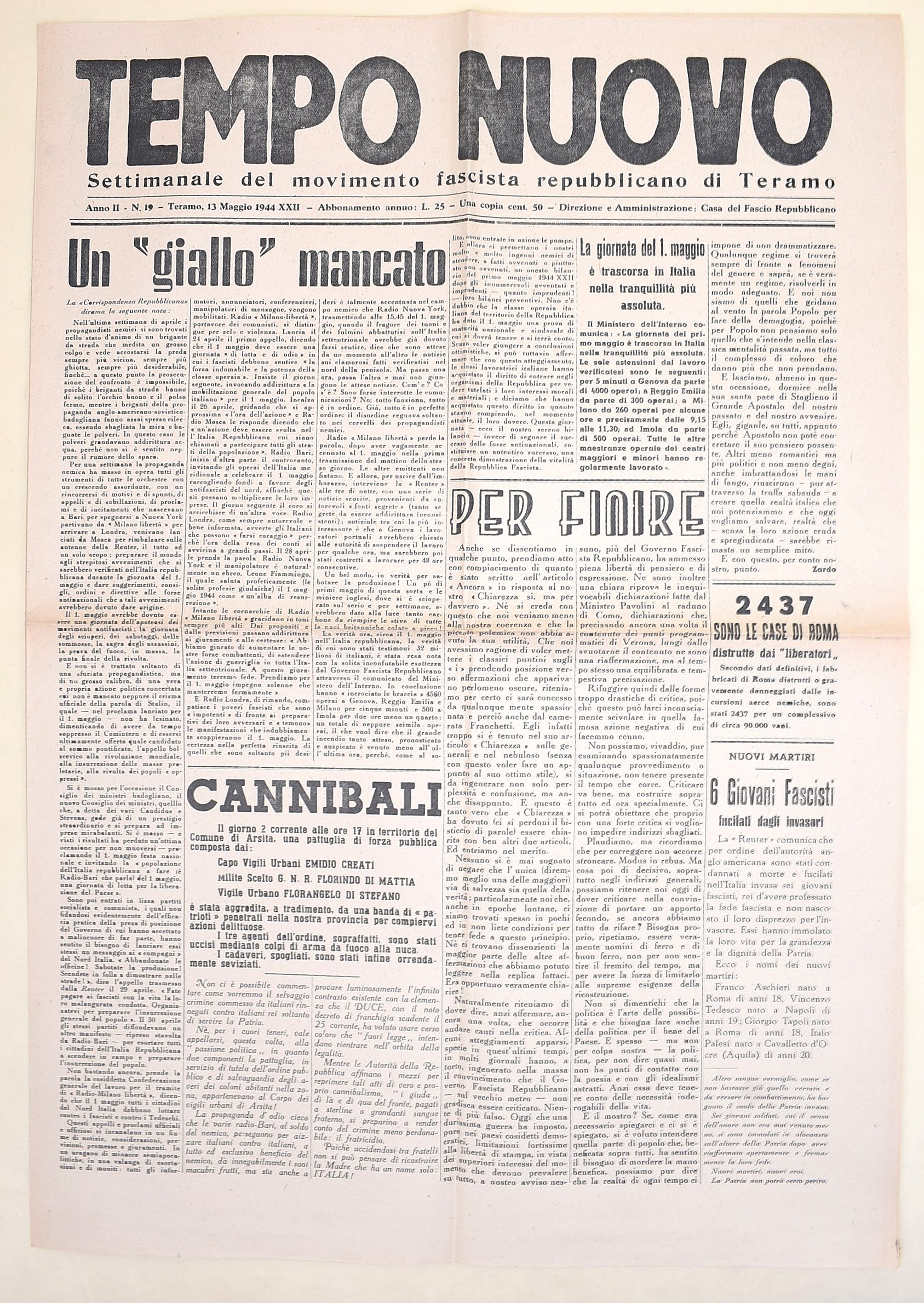 Repubblica di Teramo, Tempo Nuovo - Numeri del periodo fascista (1943-1944)