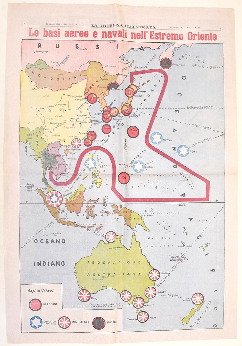 W. W. II, Poster con mappa a colori da "La Tribuna Illustrata" (1941)