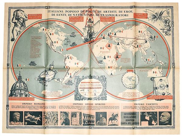 W. W. II Poster doppio con mappa a colori sui Grandi Navigatori Italiani dalla rivista "Gioventù Italiana del Littorio" (1940circa)