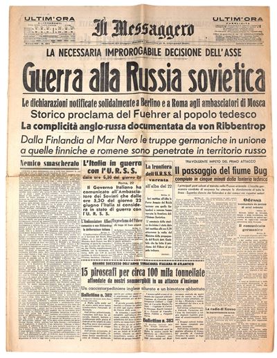 W. W. II, Il Messaggero del 24 giugno 1941 - 'Guerra alla Russia Sovietica'