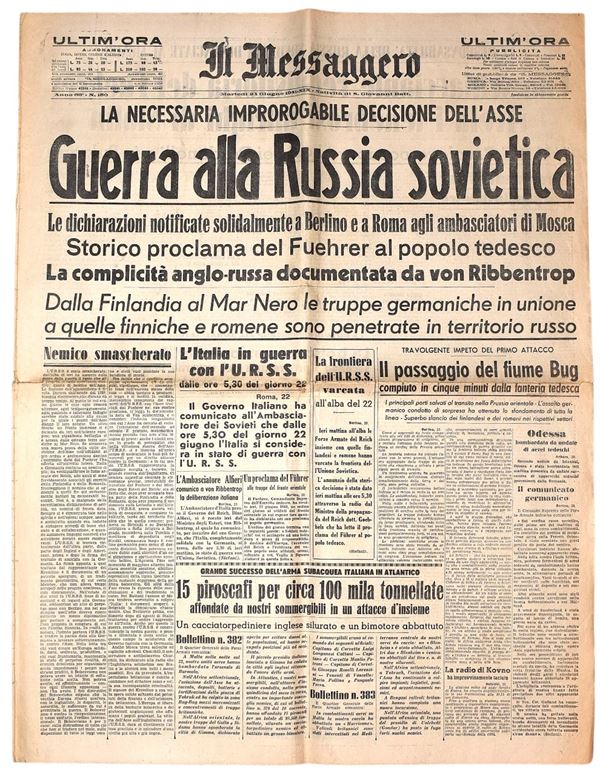 W. W. II Il Messaggero del 24 giugno 1941 - "Guerra alla Russia Sovietica"
