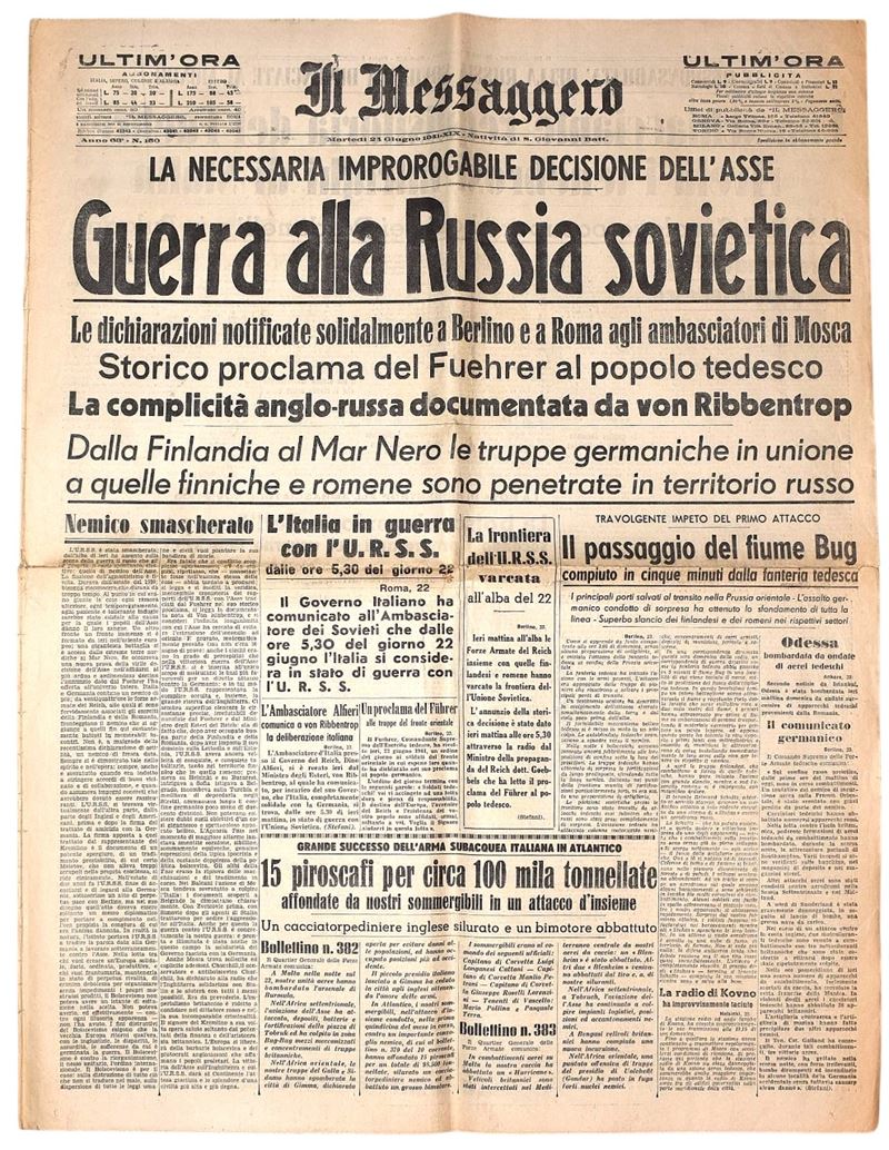 W. W. II, Il Messaggero del 24 giugno 1941 - 'Guerra alla Russia Sovietica'