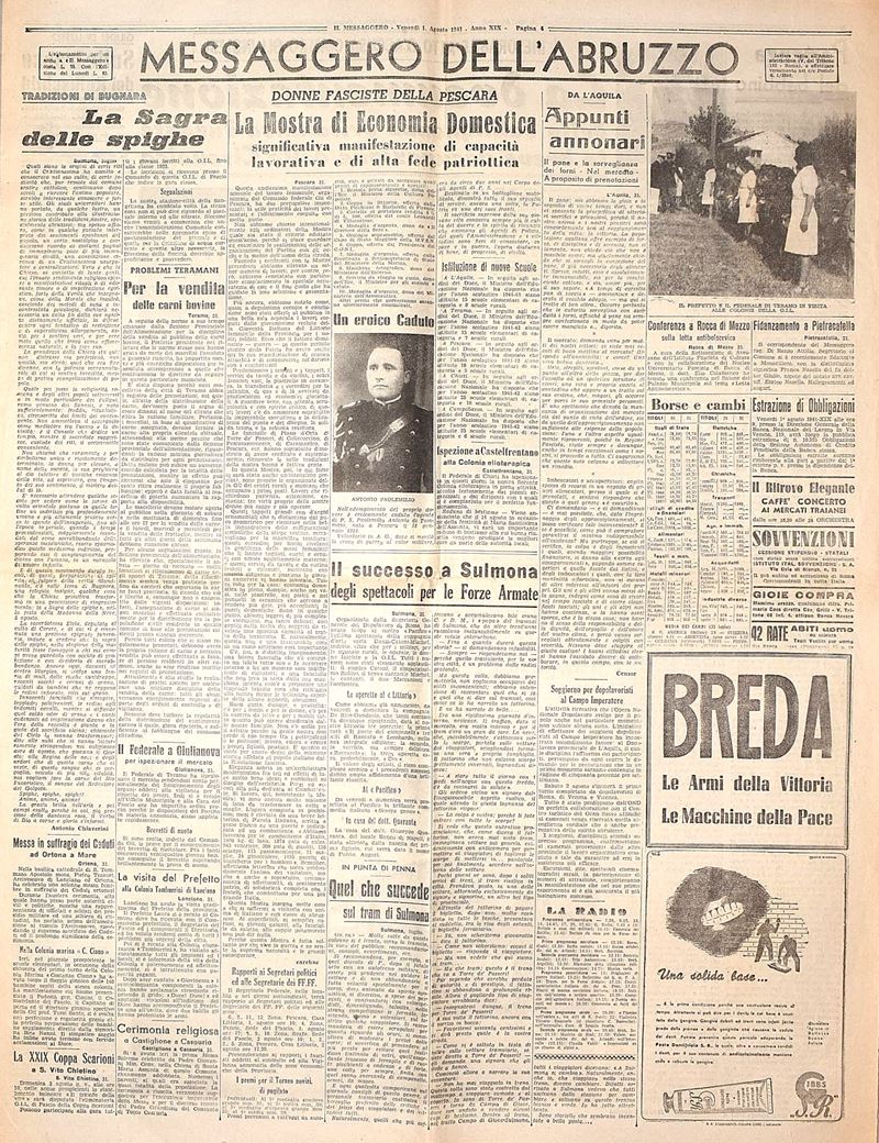 W. W. II, II Messaggero dell'Abruzzo - 1 agosto 1941, anno XIX, resoconto sull'occupazione della ...