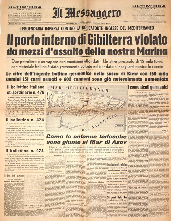 (W. W. II) Il Messaggero 23 settembre 1941 - "Il porto interno di Gibilterra violato da mezzi d'assalto della nostra marina"