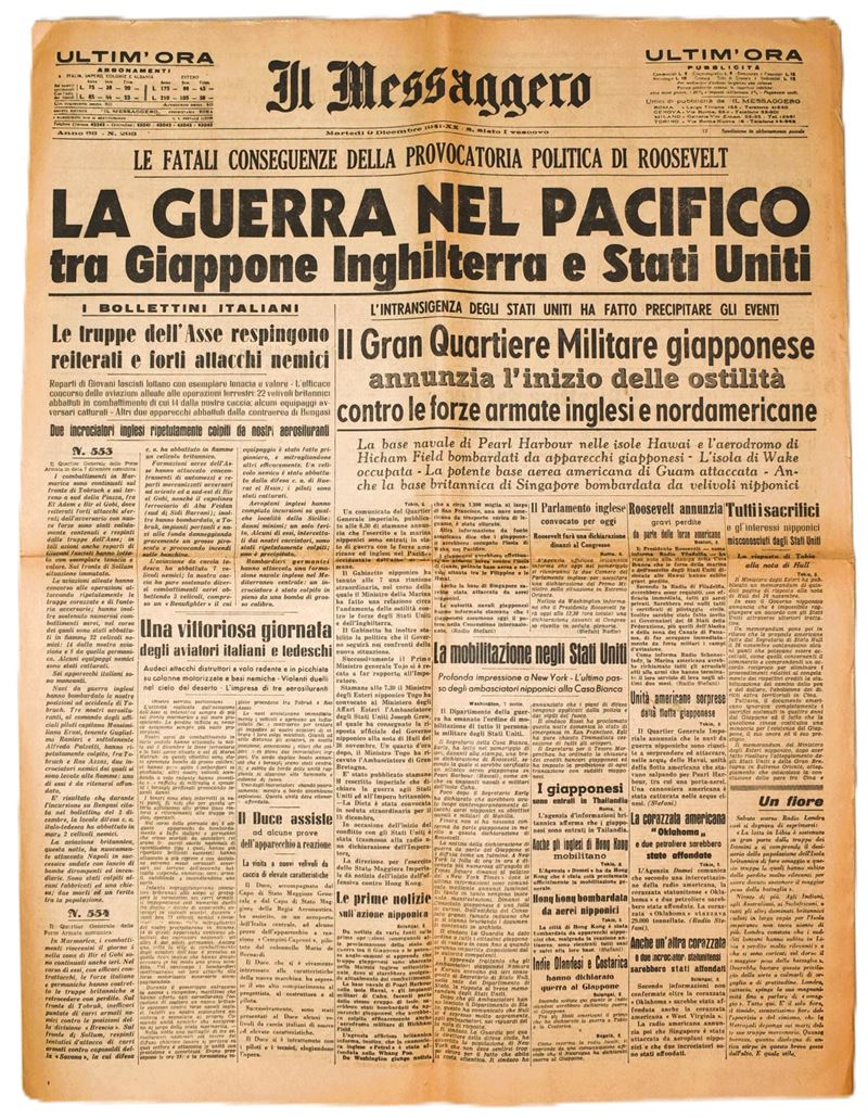 W. W. II, Il Messaggero, 9 dicembre 1941 - La Guerra nel Pacifico: Giappone, Inghilterra e Stati ...