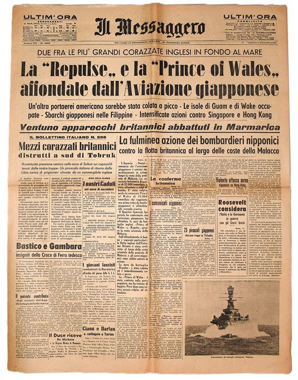 W. W. II Il Messaggero 11 dicembre 1941 - La "Repulse" e la "Prince of Wales" affondate dall'Aviazione Giapponese