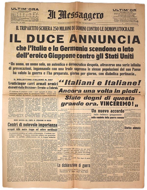 W. W. II Il Messaggero 12 dicembre 1941 - "Il duce annuncia che l'Italia e la Germania scendono a lato dell'eroico Giappone contro gli Stati Uniti"