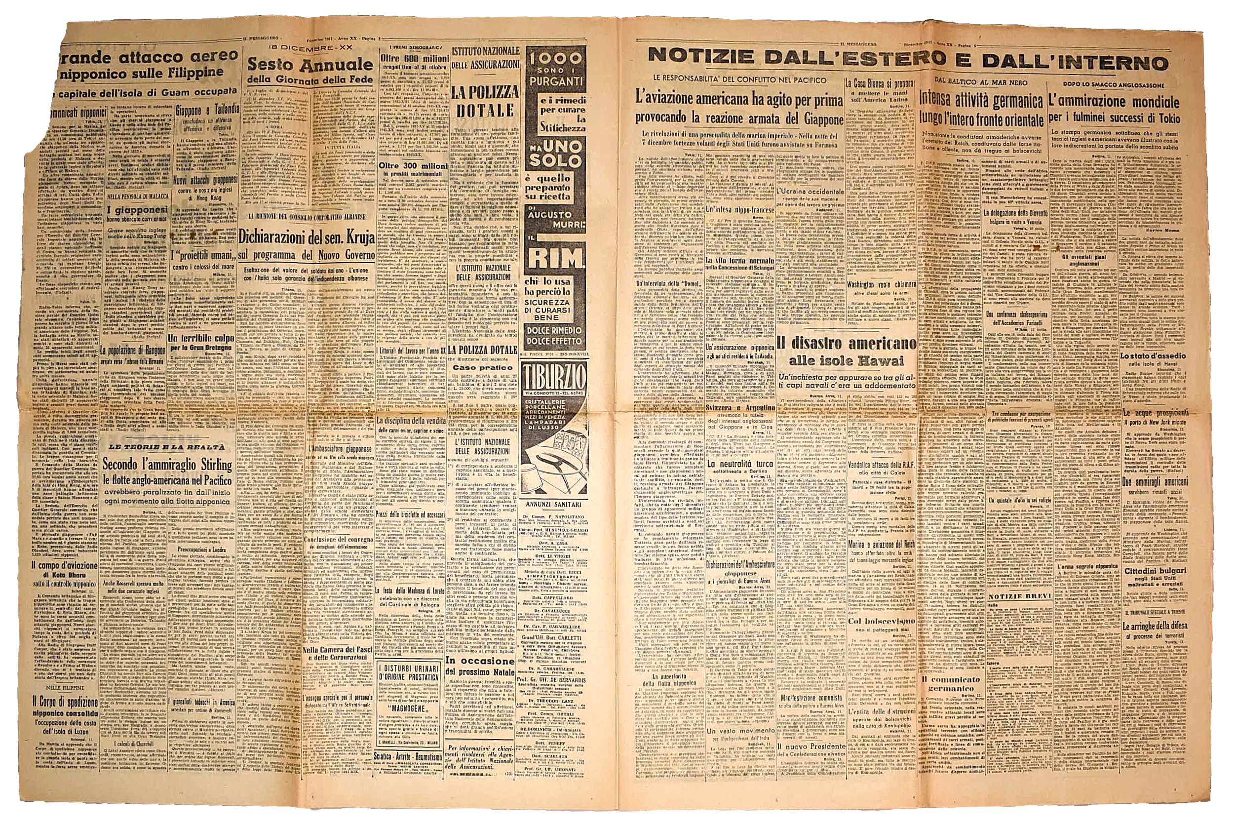 Il Messaggero, 12 dicembre 1941 - Dichiarazione del Duce riguardo all'alleanza con Germania e Gia...